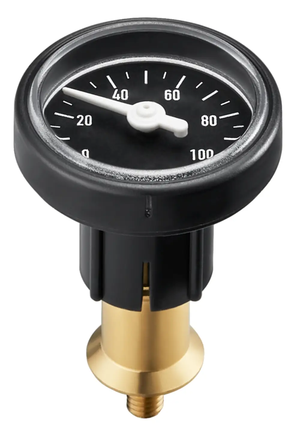 Thermometer mit einem schwarzen Ziffernblatt und weißen Zeigern, montiert auf einem goldfarbenen Anschluss, geeignet für Oventrop Systeme.